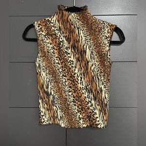 CDW Leopard Print Mock Neck Sleeveless Blouse Women’s Tank Top Shirt Sz M EUC